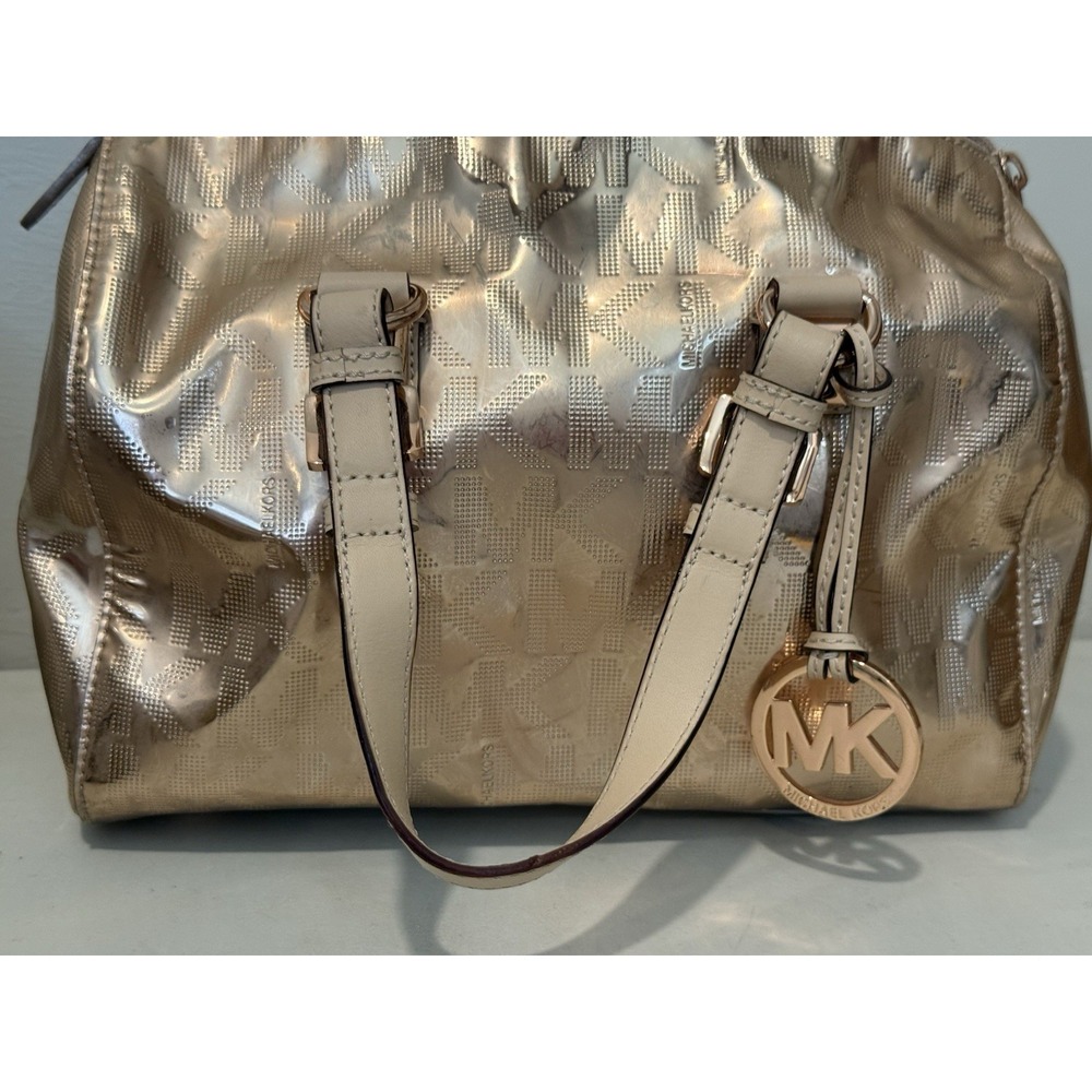 Michael Kors Grayson Satchel Rose Gold Mirror Metallic Logo Monogram Bag Y2K - Picture 2 of 16